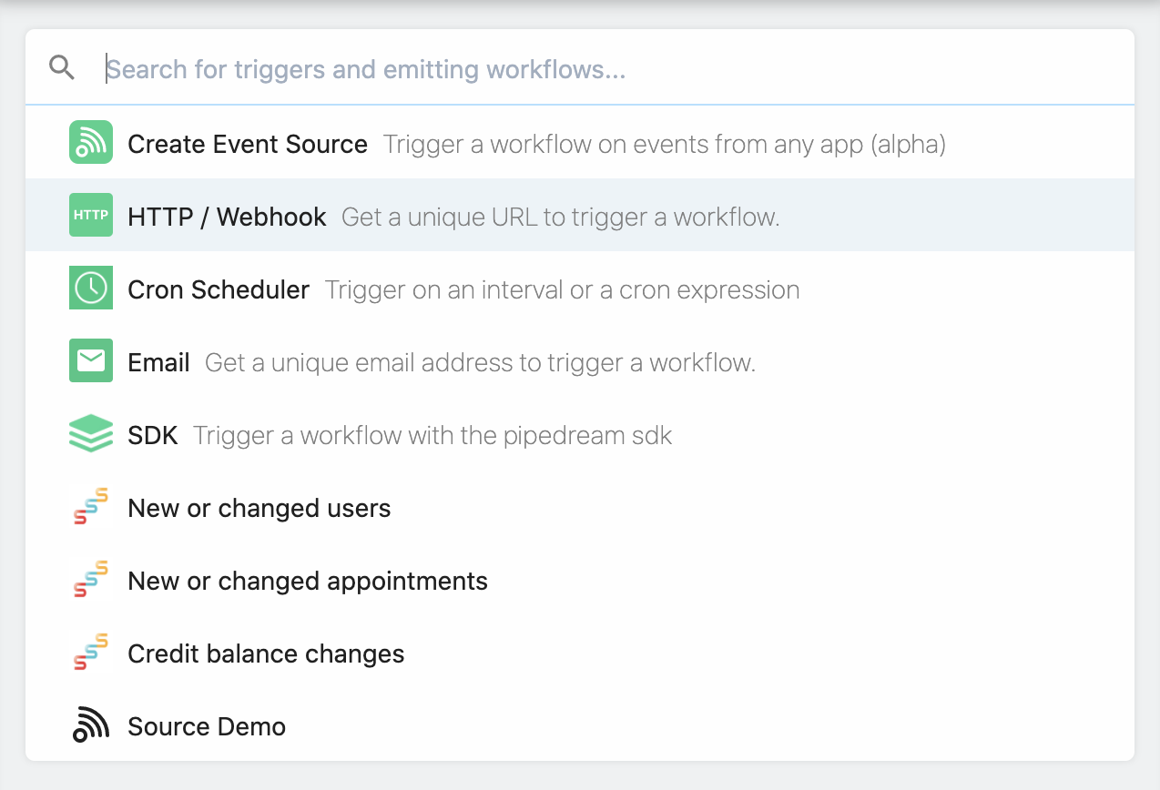 Pipedream’s New Workflow page showing the HTTP / Webhook trigger option